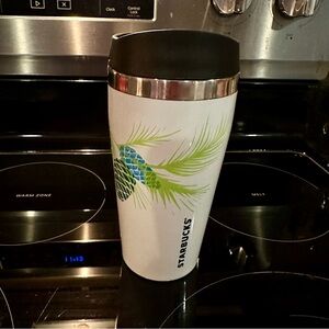 New Starbucks Green & Blue PineCone Stainless White Travel Tumbler To Go 16oz.